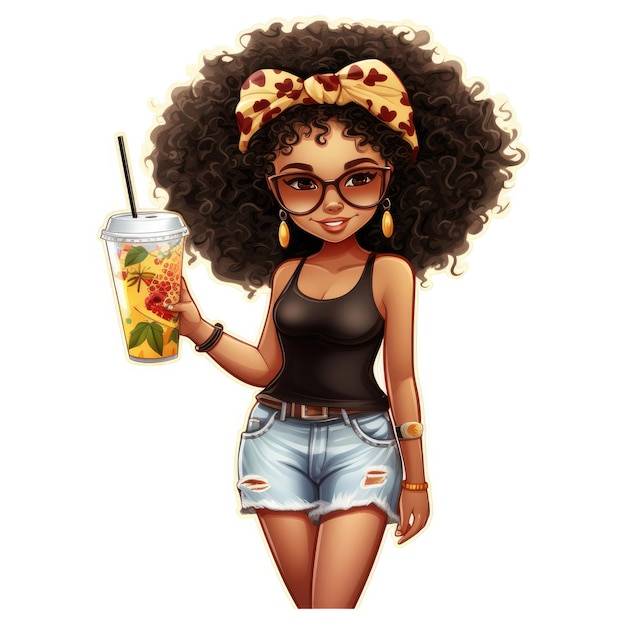 Sticker van een schattig Afro-meisje in stedelijke zomerkleren geïsoleerd op een witte achtergrond
