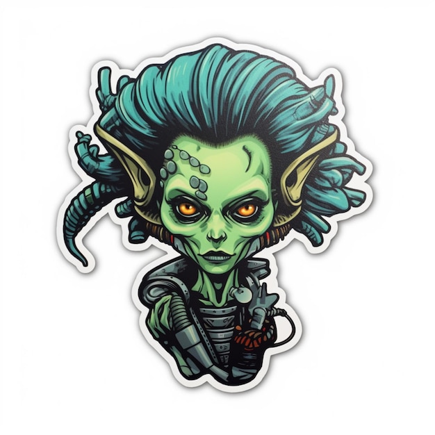 Sticker van een vrouwelijke alien met groen haar en groene ogen.