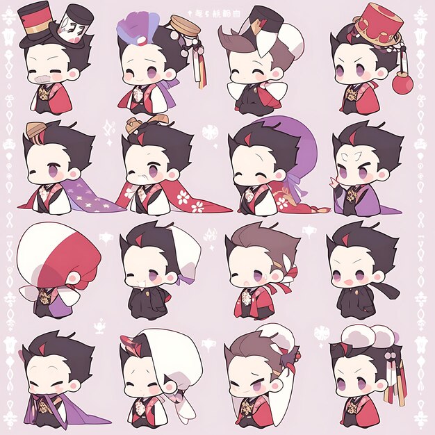 Sticker van mannelijke Chibi Kawaii Japanse Geisha Elegant Silks Bamboo Hat T Concept Art Game Asset