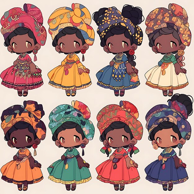 Sticker van vrouwelijke Afrikaanse stamkoningin Chibi Kawaii Afrikaanse Print Fashi Concept Art Game Asset