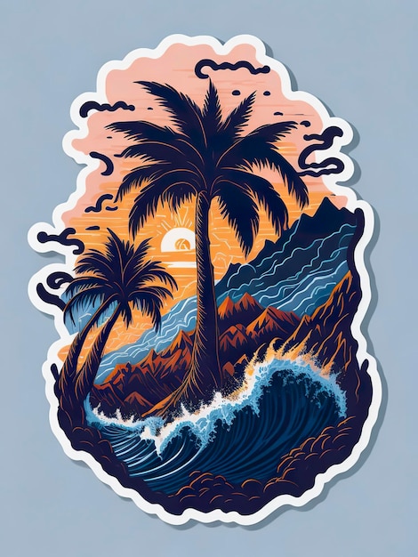 A sticker of a wave with the ocean and the sun behind it.