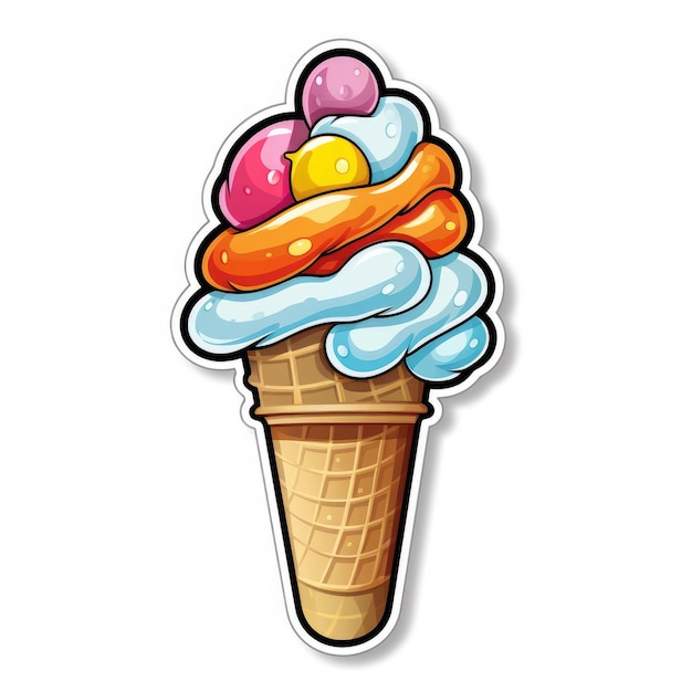 Sticker on a white background delicious appetizing ice cream in a cone closeup generative ai