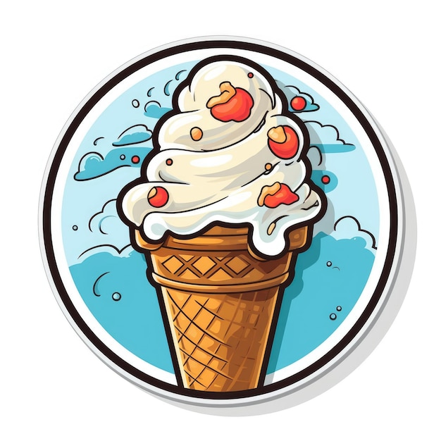 Наклейка на белом фоне вкусное аппетитное мороженое в конусе крупным планом генеративный ай