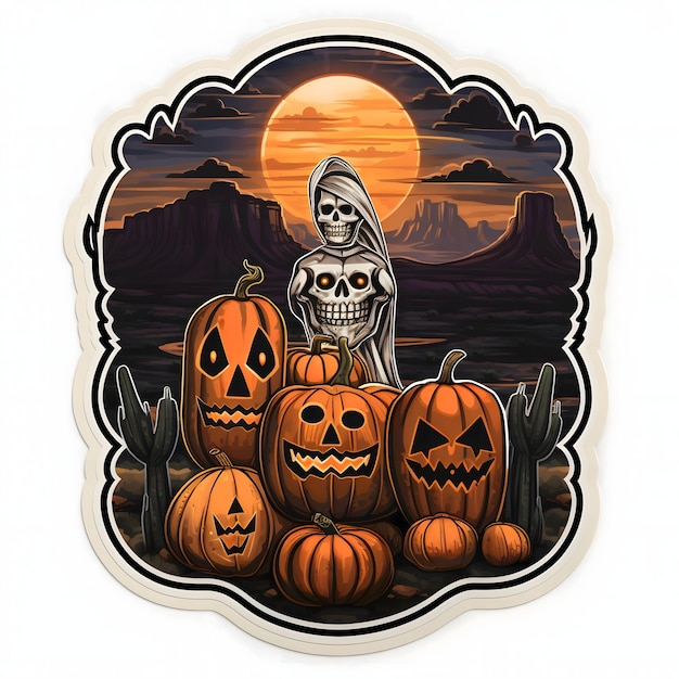 Sticker wild west cactus skeleton and jackolantern pumpkins For the day of the dead and Halloween white isolated background