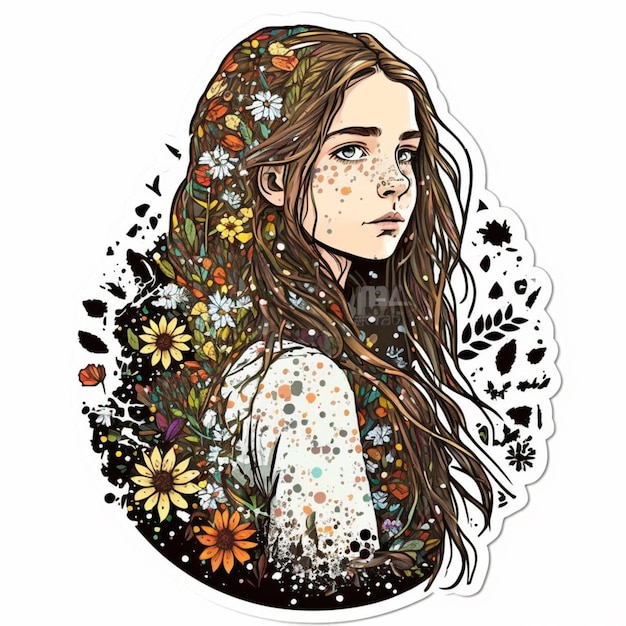 a sticker with a girl with long hair and flowers generative ai