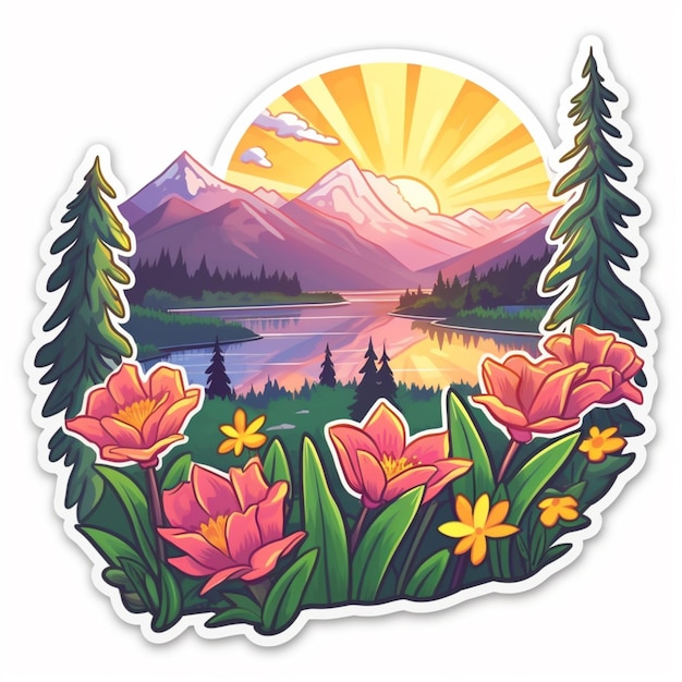 a sticker with a mountain scene and flowers in the foreground generative ai