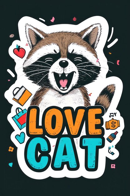 Photo a sticker with a raccoon and the words love cat ai