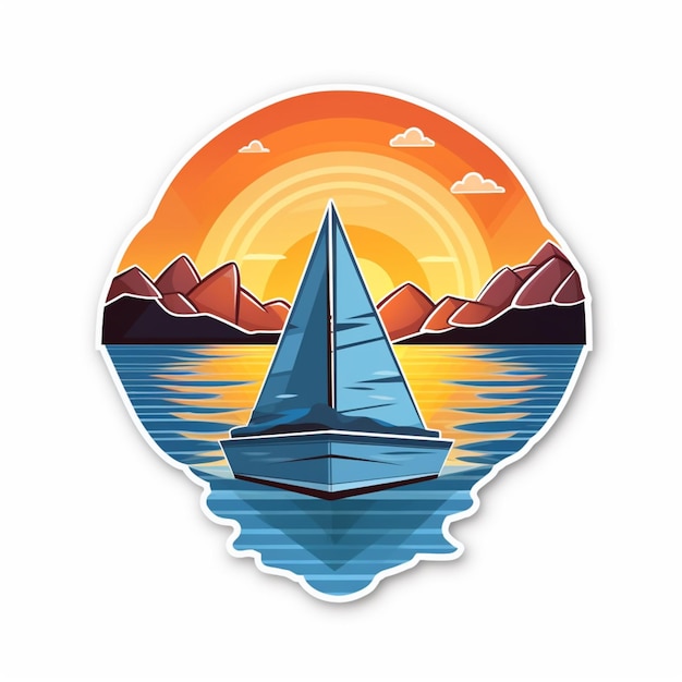 Photo sticker with a sailboat on the water and mountains in the background.