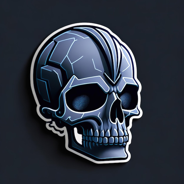 A sticker with a skull on it that has the word skull on it.