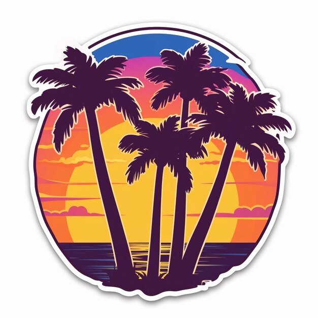 Photo a sticker with a sunset and palm trees in the background generative ai