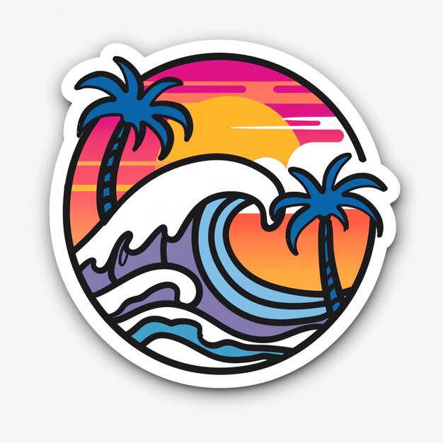 a sticker with a sunset and palm trees generative ai