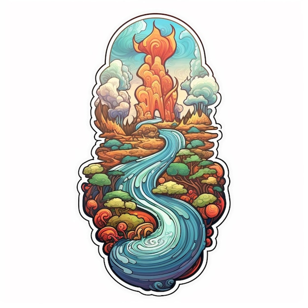 a sticker with a waterfall and a mountain scene generative ai