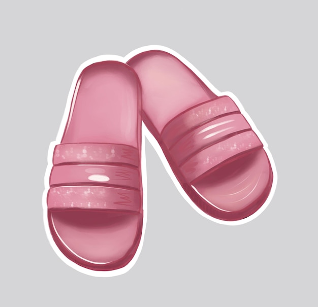 Photo sticker with a white rim featuring pink beach slippers on a gray background