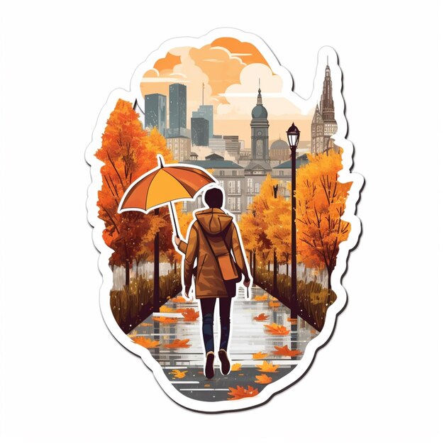 A sticker of a woman walking in the rain with an umbrella in the rain.