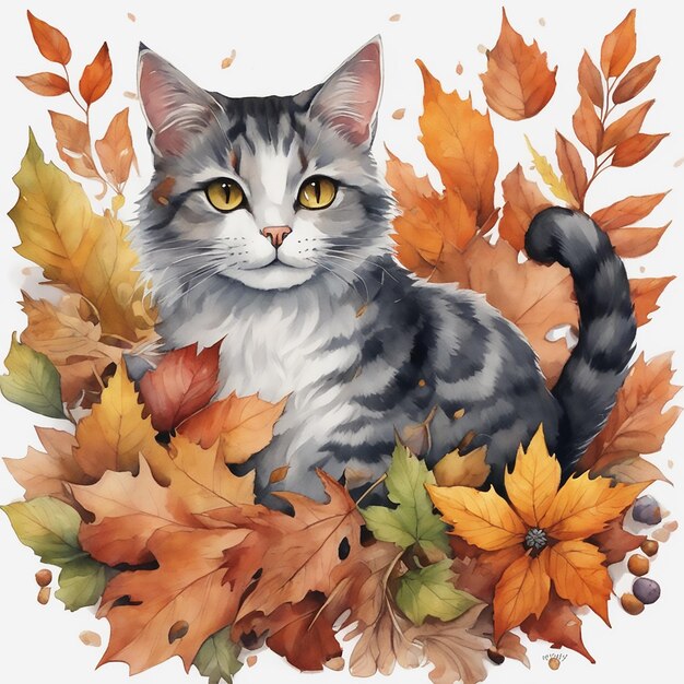 Stickers Autumn Cats Flower Sleafs Watercolor Trending On Art Station Sharp Focus Studio Photo