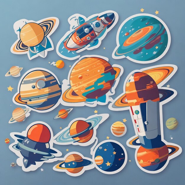 Stickers featuring rockets planets astronauts and aliens