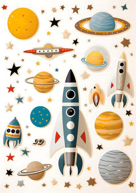 Stickers met raketten en planeten