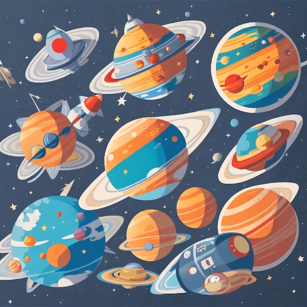 Stickers met raketten, planeten, astronauten en aliens.