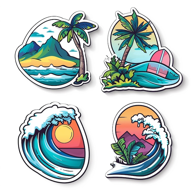 stickers of an ocean beach relax and travel theme on the white background