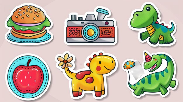 Photo stickers of an ufo mushroom camera dinosaur and flower modern cartoon patches with girl hamburger and apple