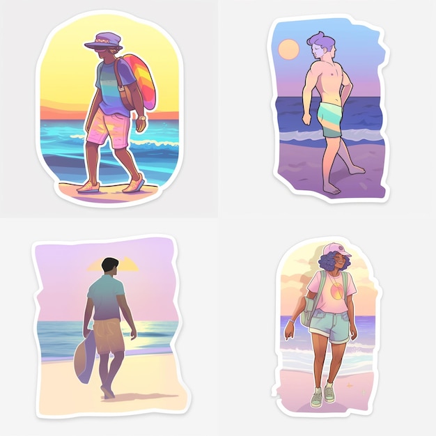 Stickers voor een strandvakantie met rechts een man.