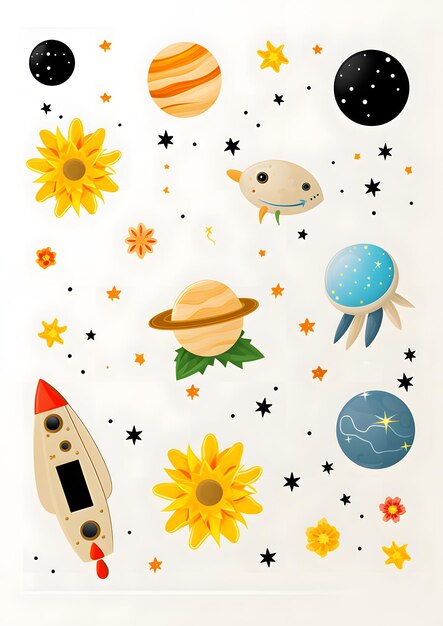 Photo stickers with rockets and planets