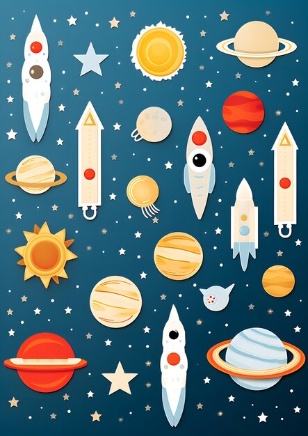 Photo stickers with rockets and planets