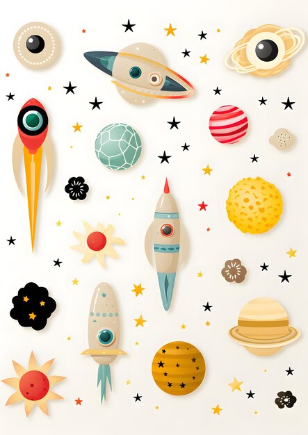 Photo stickers with rockets and planets