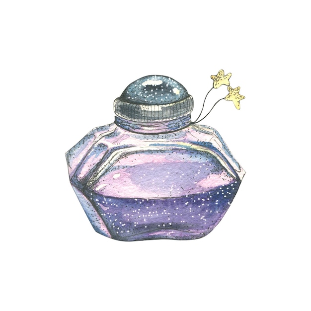 Stickers with a watercolor illustration of a magic letter in an envelope Pen stylus ink jar magical magical fabulous stars Isolated prints fabric clothing postcard decoration