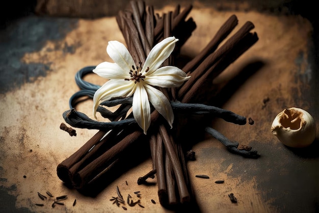 Sticks of dry vanilla beans with amazing white flower