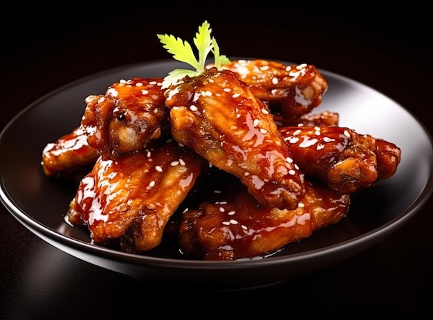 Photo sticky honeysoy chicken wings on plate over dark background