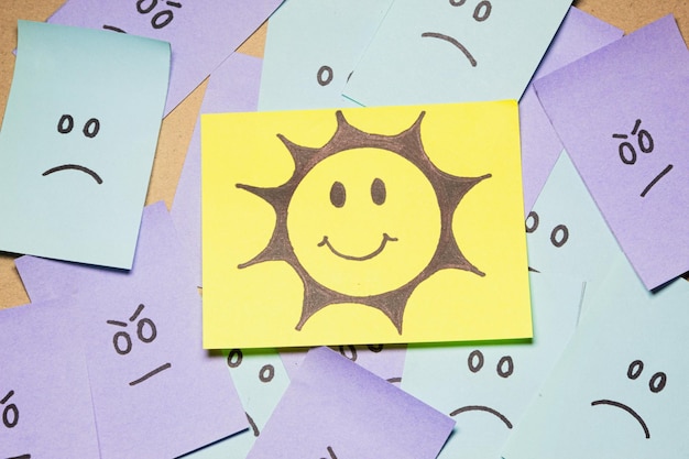 Photo sticky note with a cheerful sun drawn on it contrasts with a pile of notes with angry and sad faces