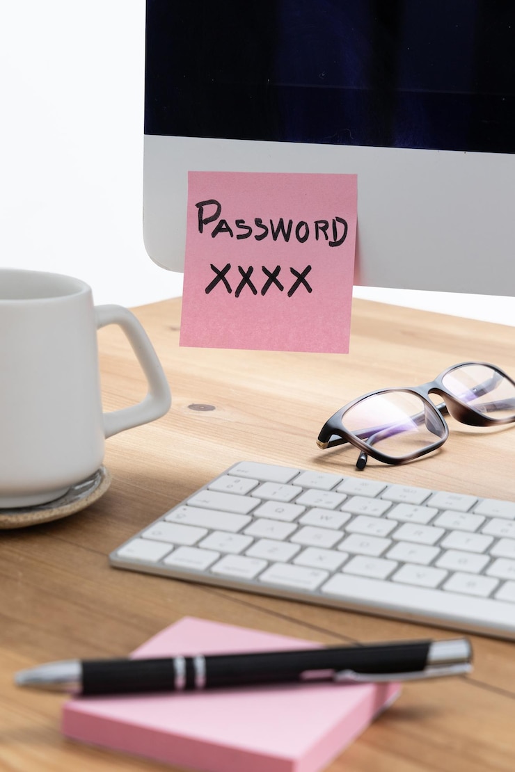 Photo sticky note with login credentials on a computer screen representing security vulnerability