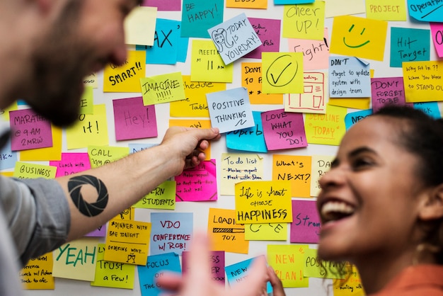 Sticky notes on an office wall