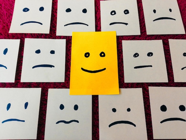 sticky notes with All sad and one Happy face Unhappy and Happy Team Concept