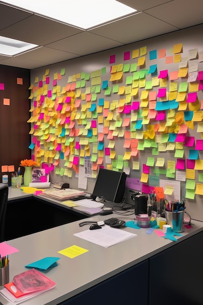 Sticky notes with reminders on cubicle wall created with generative ai