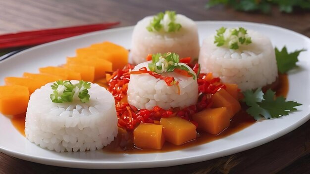 Sticky rice cakes and pickled garlic chili pepper and papaya prepared for chinese new year