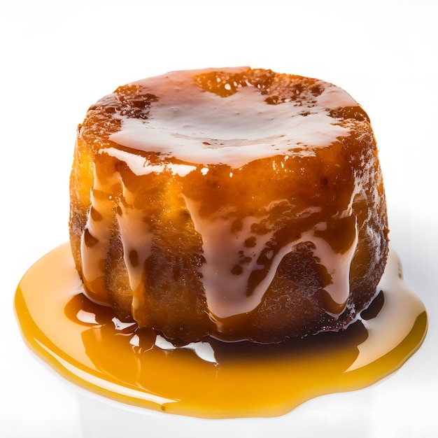 A sticky toffee pudding with caramel sauce on top.