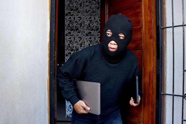 Foto stiekeme en bange indringer met zwarte bivakmuts die laptop steelt van huis huisindringer