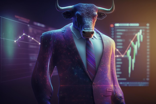 Stier in pak werkend met grafiek op scherm Bullish in Stock market en Crypto Generative Ai