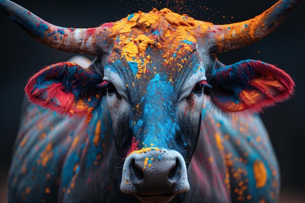 Foto stier met levendige verf op het gezicht viert holi festival van kleuren