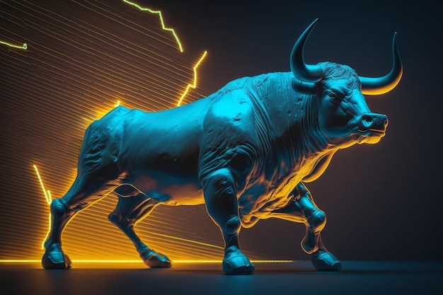 Stier op een donkere achtergrond met neonlichten Stock market of forex trading concept