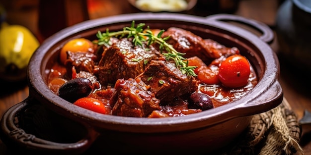 스티파도 (Stifado) 그리스 고기 스투 (Greek Beef Stew) 는 농촌 주방에서 맛있는 편안함 느린 요리 스티파도의 클로즈업 (Closeup) 이다.