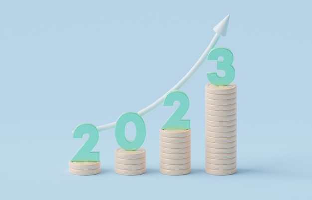 Stijgende muntstapels met exponentiële pijlgrafiek van het jaar 2023, snelle financiële groei in het jaar 2023.