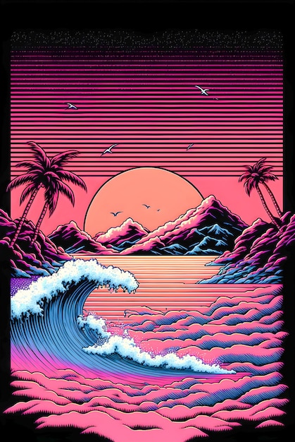 Stijgende zon en paradijs strand achtergrond vintage stijl illustratie