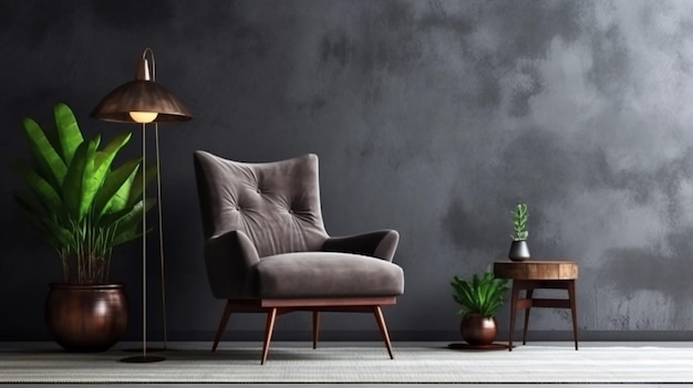 Stijl loft-interieur met grijze fauteuil op donkere cementmuur Generatieve AI