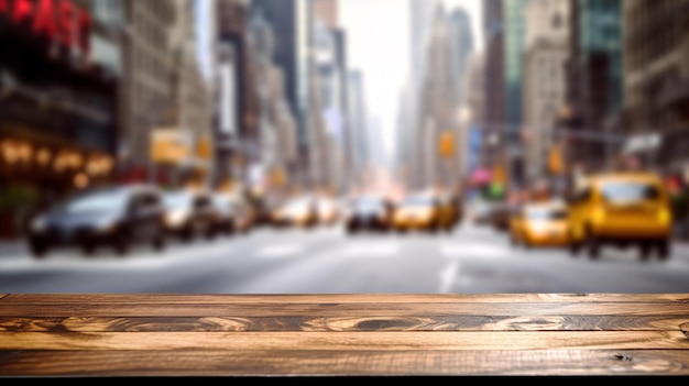 Stijlvol Arafed houten tafelblad met vervaagde stadsgezicht achtergrond verbeterd door generatieve AI