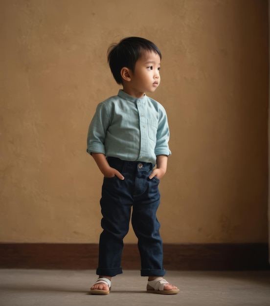 Stijlvol Aziatisch jongen kind in groen shirt en blauwe spijkerbroek poseert met handen in zakken tegen