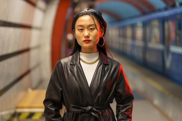 Stijlvol aziatisch meisje in leren baret en trenchcoat wacht op trein bij ondergronds metrostation