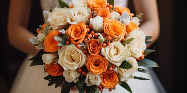 Stijlvol bruidsboeket elegant Een mooi bruiloftsboeket met oranje rozen in de handen van de bruid Een vrouw in bruidskleed die bloemen vasthoudt Feest stijlconcept